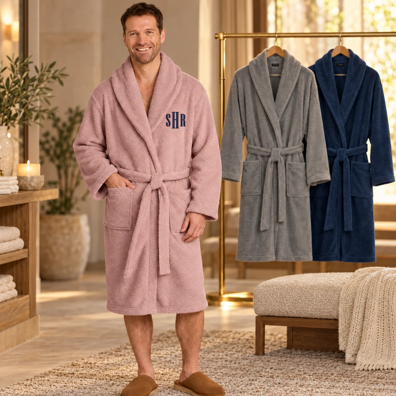 A man wearing a pink monogrammed plush fleece robe with gray and navy robes hanging in a boutique-style background