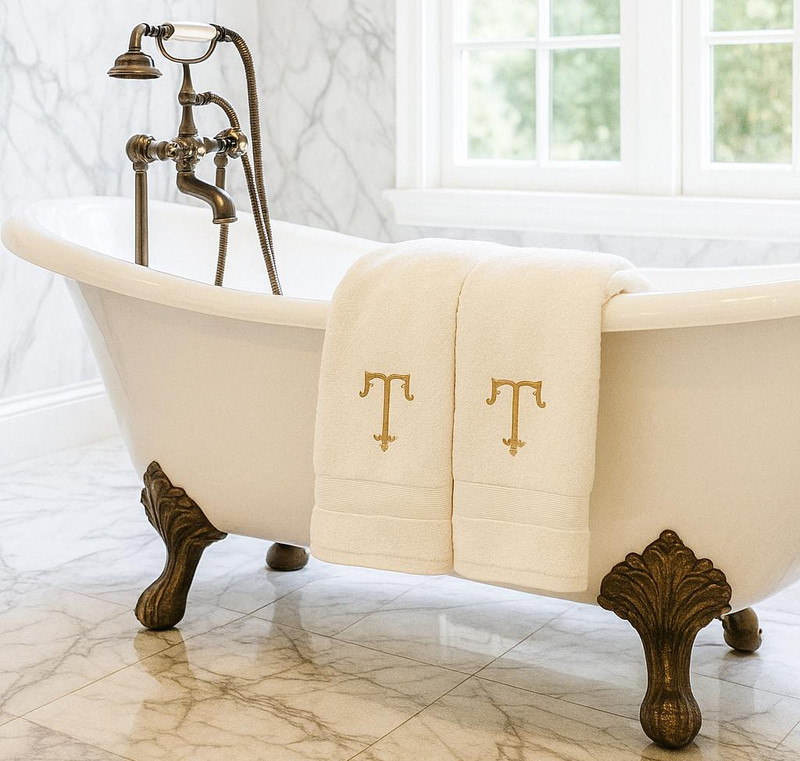 Ivory monogrammed bath towels with elegant embroidered initials
