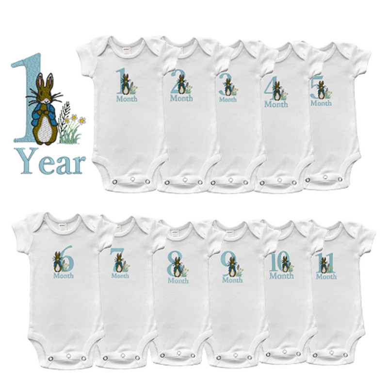Monthly Onesie- set of 12 Onesie for watch me grow photos 
Boy set. White Onesies with a rabbit and month embroidered on the front