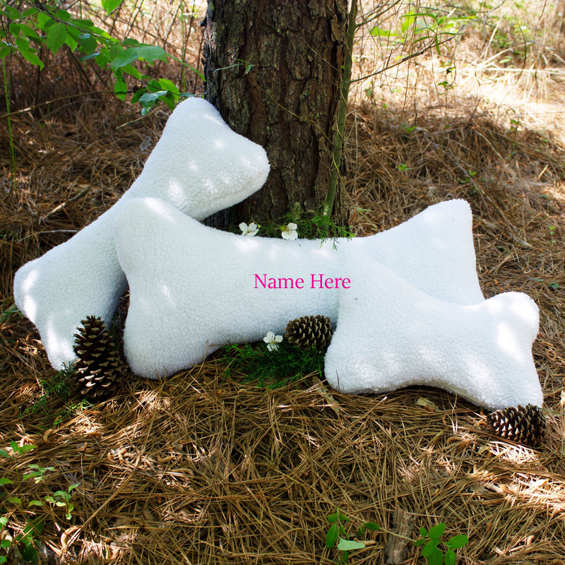 Personalized Dog Bone Pillow comes in 3 sizes for small, medium or large breeds.
white dog pillow name can be embroidered in any color thread.
