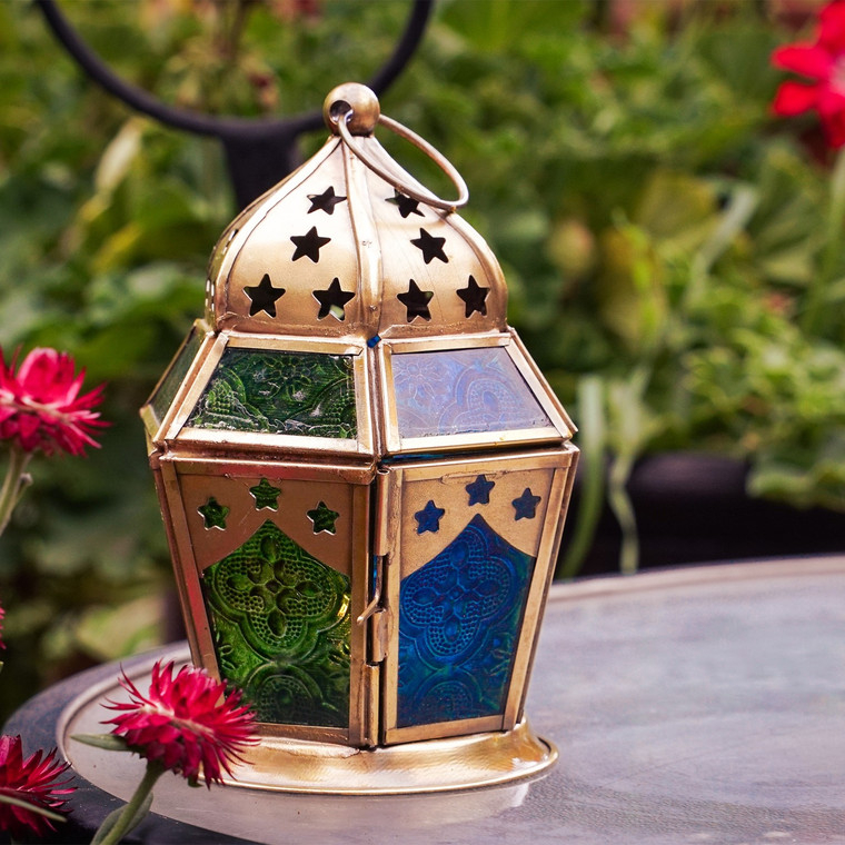 Blue & Green Hex Tealight Lantern