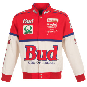 2024 Ken Schrader JH Design NASCAR Bud Red-White Uniform Full-Snap Jacket 2024 Ken Schrader JH Design NASCAR Bud Red-White Uniform Full-Snap Jacket