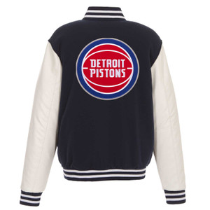 Detroit Pistons Reversible Fleece Jacket with Faux Leather Sleeves - Navy/White by JH Design Detroit Pistons Reversible Fleece Jacket with Faux Leather Sleeves - Navy/White by JH Design