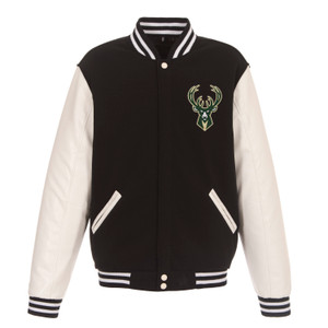 Milwaukee Bucks Reversible Fleece Jacket with Faux Leather Sleeves – Black/White by JH Design Milwaukee Bucks Reversible Fleece Jacket with Faux Leather Sleeves – Black/White by JH Design
