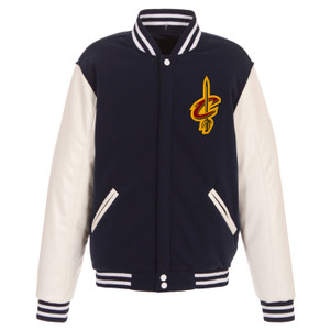 Cleveland Cavaliers Reversible Fleece Jacket with Faux Leather Sleeves – Navy/White by JH Design Cleveland Cavaliers Reversible Fleece Jacket with Faux Leather Sleeves – Navy/White by JH Design