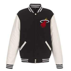 Miami Heat Reversible Fleece Jacket with Faux Leather Sleeves – Black/White by JH Design Miami Heat Reversible Fleece Jacket with Faux Leather Sleeves – Black/White by JH Design