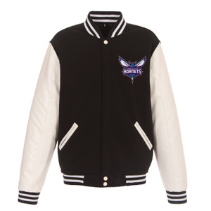 Charlotte Hornets Reversible Fleece Jacket with Faux Leather Sleeves – Black/White by JH Design Charlotte Hornets Reversible Fleece Jacket with Faux Leather Sleeves – Black/White by JH Design