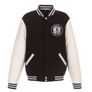 Brooklyn Nets Reversible Fleece Jacket with Faux Leather Sleeves – Black/White by JH Design