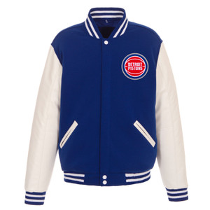 Detroit Pistons Reversible Fleece Jacket with Faux Leather Sleeves – Royal/White by JH Design Detroit Pistons Reversible Fleece Jacket with Faux Leather Sleeves – Royal/White by JH Design