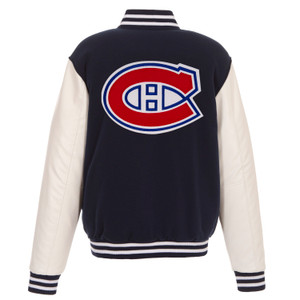 Montreal Canadiens Reversible Fleece Jacket with Faux Leather Sleeves – Navy/White by JH Design Montreal Canadiens Reversible Fleece Jacket with Faux Leather Sleeves – Navy/White by JH Design