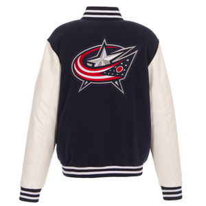 Columbus Blue Jackets Reversible Fleece Jacket with Faux Leather Sleeves – Navy/White by JH Design Columbus Blue Jackets Reversible Fleece Jacket with Faux Leather Sleeves – Navy/White by JH Design