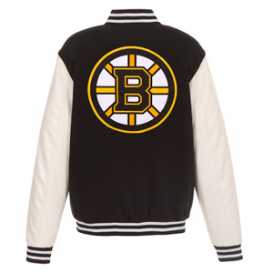 Boston Bruins Reversible Fleece Jacket with Faux Leather Sleeves – Black/White by JH Design Boston Bruins Reversible Fleece Jacket with Faux Leather Sleeves – Black/White by JH Design