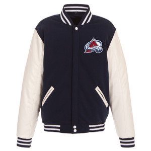 Colorado Avalanche Reversible Fleece Jacket with Vegan Leather Sleeves – Navy/White by JH Design Colorado Avalanche Reversible Fleece Jacket with Vegan Leather Sleeves – Navy/White by JH Design