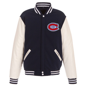 Montreal Canadiens Reversible Fleece Jacket with Vegan Leather Sleeves – Navy/White by JH Design Montreal Canadiens Reversible Fleece Jacket with Vegan Leather Sleeves – Navy/White by JH Design