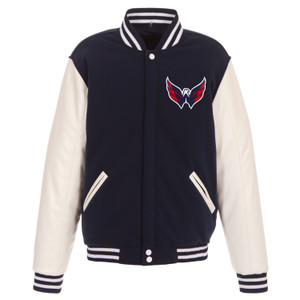 Washington Capitals Reversible Fleece Jacket with Vegan Leather Sleeves – Navy/White by JH Design Washington Capitals Reversible Fleece Jacket with Vegan Leather Sleeves – Navy/White by JH Design