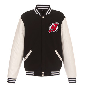 New Jersey Devils Reversible Fleece Jacket with Vegan Leather Sleeves – Black/White by JH Design New Jersey Devils Reversible Fleece Jacket with Vegan Leather Sleeves – Black/White by JH Design