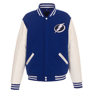 Tampa Bay Lightning Reversible Fleece Jacket with Vegan Leather Sleeves – Royal/White by JH Design Tampa Bay Lightning Reversible Fleece Jacket with Vegan Leather Sleeves – Royal/White by JH Design