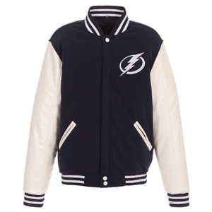 Tampa Bay Lightning Reversible Fleece Jacket with Vegan Leather Sleeves – Navy/White by JH Design Tampa Bay Lightning Reversible Fleece Jacket with Vegan Leather Sleeves – Navy/White by JH Design