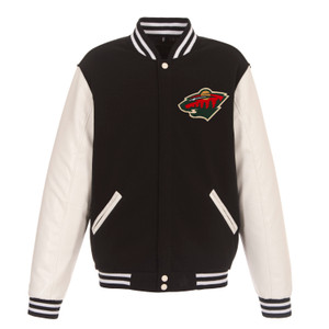 Minnesota Wild Reversible Fleece Jacket with Vegan Leather Sleeves – Black/White by JH Design