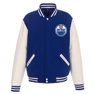 Edmonton Oilers Reversible Fleece Jacket with Vegan Leather Sleeves – Royal/White by JH Design Edmonton Oilers Reversible Fleece Jacket with Vegan Leather Sleeves – Royal/White by JH Design