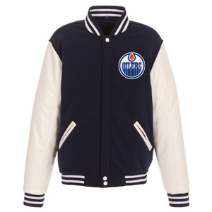 Edmonton Oilers Reversible Fleece Jacket with Vegan Leather Sleeves – Navy/White by JH Design Edmonton Oilers Reversible Fleece Jacket with Vegan Leather Sleeves – Navy/White by JH Design