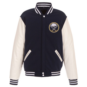 Buffalo Sabres Reversible Fleece Jacket with Vegan Leather Sleeves – Navy/White by JH Design