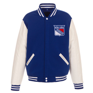 New York Rangers Reversible Fleece Jacket with Vegan Leather Sleeves – Royal/White by JH Design New York Rangers Reversible Fleece Jacket with Vegan Leather Sleeves – Royal/White by JH Design