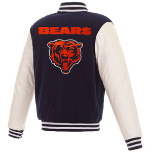 Chicago Bears - JH Design Reversible Fleece Jacket with Faux Leather Sleeves - Navy/White Chicago Bears - JH Design Reversible Fleece Jacket with Faux Leather Sleeves - Navy/White