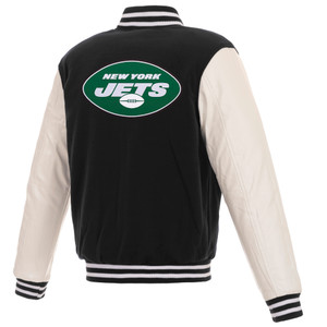 New York Jets - JH Design Reversible Fleece Jacket with Faux Leather Sleeves - Black/White New York Jets - JH Design Reversible Fleece Jacket with Faux Leather Sleeves - Black/White