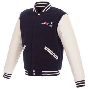 New England Patriots JH Design Reversible Fleece Jacket with Faux Leather Sleeves - Navy/White New England Patriots JH Design Reversible Fleece Jacket with Faux Leather Sleeves - Navy/White