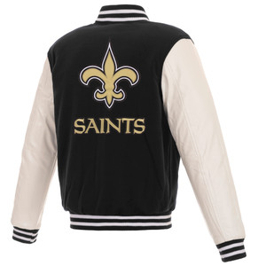 New Orleans Saints - JH Design Reversible Fleece Jacket with Faux Leather Sleeves - Black/White New Orleans Saints - JH Design Reversible Fleece Jacket with Faux Leather Sleeves - Black/White