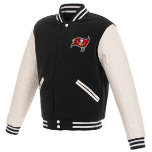 Tampa Bay Buccaneers JH Design Reversible Fleece Jacket with Faux Leather Sleeves - Black/White Tampa Bay Buccaneers JH Design Reversible Fleece Jacket with Faux Leather Sleeves - Black/White