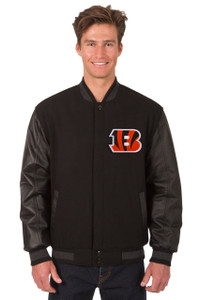 Cincinnati Bengals Wool & Leather Reversible Jacket Embroidered Logos - Black Cincinnati Bengals Wool & Leather Reversible Jacket Embroidered Logos - Black