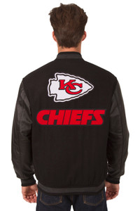Kansas City Chiefs Wool & Leather Reversible Jacket w/ Embroidered Logos - Black Kansas City Chiefs Wool & Leather Reversible Jacket w/ Embroidered Logos - Black