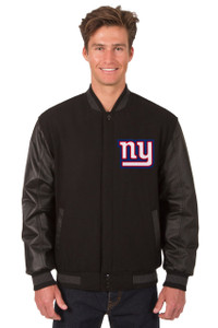 New York Giants Wool & Leather Reversible Jacket Embroidered Logos - Black New York Giants Wool & Leather Reversible Jacket Embroidered Logos - Black