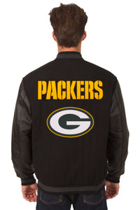 Green Bay Packers Wool & Leather Reversible Jacket w/ Embroidered Logos - Black Green Bay Packers Wool & Leather Reversible Jacket w/ Embroidered Logos - Black