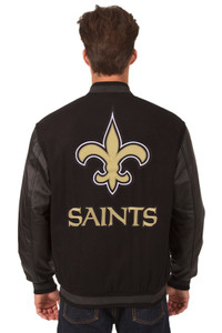 NFL New Orleans Saints JH Design Wool & Leather Reversible Jacket w/ Embroidered Logos - Black NFL New Orleans Saints JH Design Wool & Leather Reversible Jacket w/ Embroidered Logos - Black
