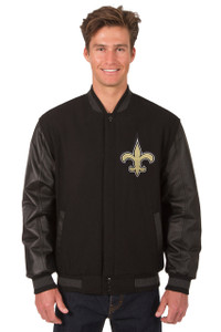 NFL New Orleans Saints JH Design Wool & Leather Reversible Jacket Embroidered Logos - Black NFL New Orleans Saints JH Design Wool & Leather Reversible Jacket Embroidered Logos - Black