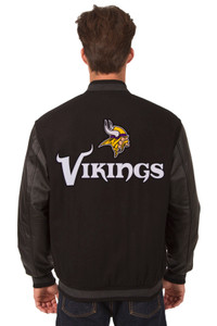 NFL Minnesota Vikings  JH Design  Wool & Leather Reversible Jacket w/ Embroidered Logos - Black NFL Minnesota Vikings  JH Design  Wool & Leather Reversible Jacket w/ Embroidered Logos - Black