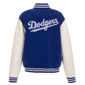 Los Angeles Dodgers JH Design Reversible Fleece Jacket with Faux Leather Sleeves - Royal /White Los Angeles Dodgers JH Design Reversible Fleece Jacket with Faux Leather Sleeves - Royal /White