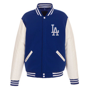 Los Angeles Dodgers JH Design Reversible Fleece Jacket with Faux Leather Sleeves Royal /White Los Angeles Dodgers JH Design Reversible Fleece Jacket with Faux Leather Sleeves Royal /White