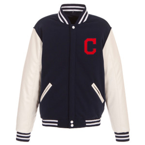 Cleveland Indians JH Design Reversible Fleece Jacket with Faux Leather Sleeves - Navy/White Cleveland Indians JH Design Reversible Fleece Jacket with Faux Leather Sleeves - Navy/White