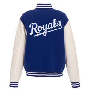 Kansas City Royals - JH Design Reversible Fleece Jacket with Faux Leather Sleeves - Royal/White Kansas City Royals - JH Design Reversible Fleece Jacket with Faux Leather Sleeves - Royal/White