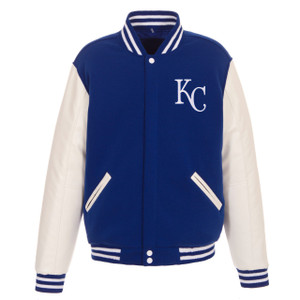Kansas City Royals  JH Design Reversible Fleece Jacket with Faux Leather Sleeves - Royal/White