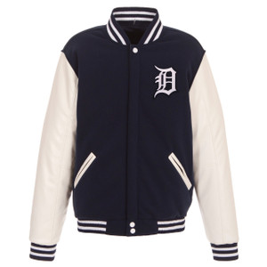 Detroit Tigers JH Design Reversible Fleece Jacket with Faux Leather Sleeves - Navy/White Detroit Tigers JH Design Reversible Fleece Jacket with Faux Leather Sleeves - Navy/White
