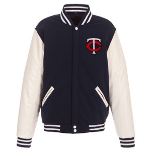 Minnesota Twins JH Design Reversible Fleece Jacket with Faux Leather Sleeves - Navy/White Minnesota Twins JH Design Reversible Fleece Jacket with Faux Leather Sleeves - Navy/White