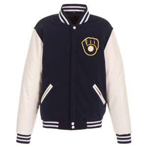 Milwaukee Brewers - JH Design Reversible Fleece Jacket with Faux Leather Sleeves - Navy/White Milwaukee Brewers - JH Design Reversible Fleece Jacket with Faux Leather Sleeves - Navy/White