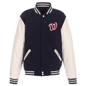Washington Nationals - JH Design Reversible Fleece Jacket with Faux Leather Sleeves - Navy/White Washington Nationals - JH Design Reversible Fleece Jacket with Faux Leather Sleeves - Navy/White