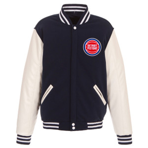 Detroit Pistons  Reversible Fleece Jacket with Faux Leather Sleeves - Navy White by JH Design Detroit Pistons  Reversible Fleece Jacket with Faux Leather Sleeves - Navy White by JH Design