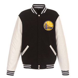 Golden State Warriors Reversible Fleece Jacket with Faux Leather Sleeves Black/White by JH Design Golden State Warriors Reversible Fleece Jacket with Faux Leather Sleeves Black/White by JH Design